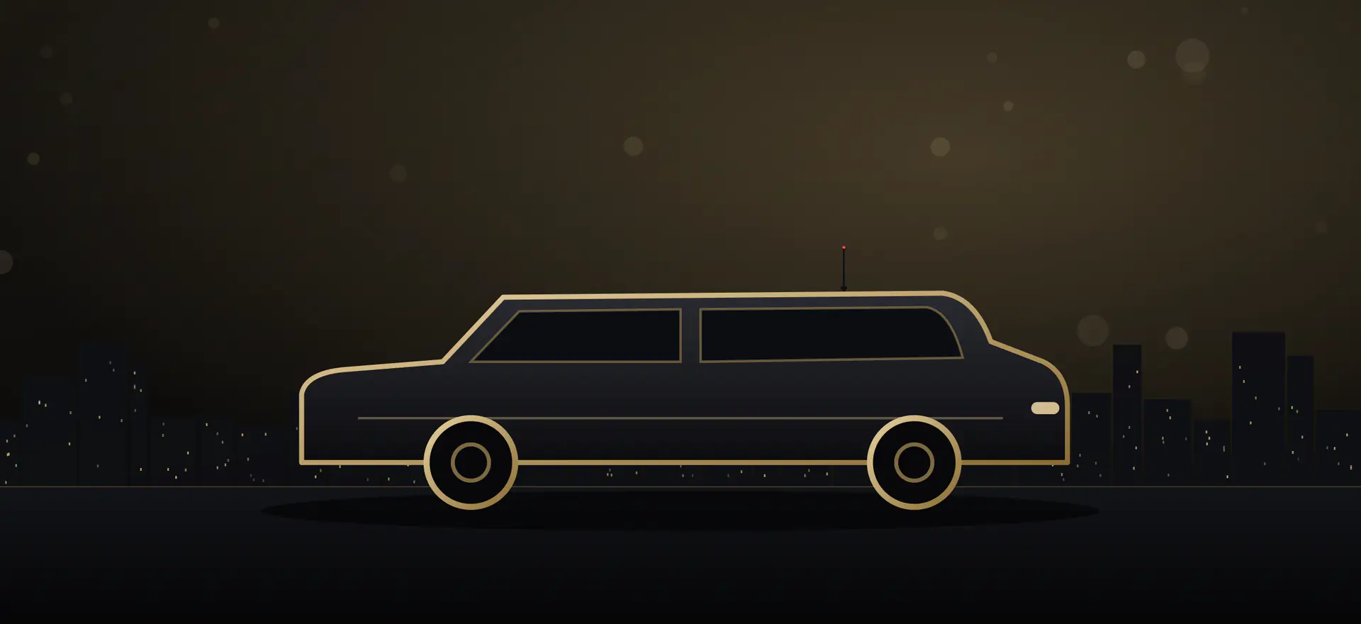 Row of polished black luxury vehicles parked at dusk