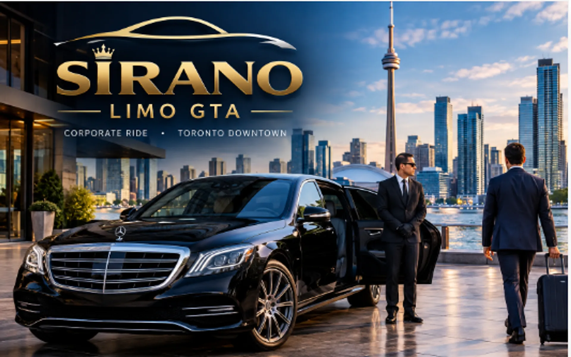 Chauffeur holding the door of a black Mercedes-Maybach for an executive in downtown Toronto