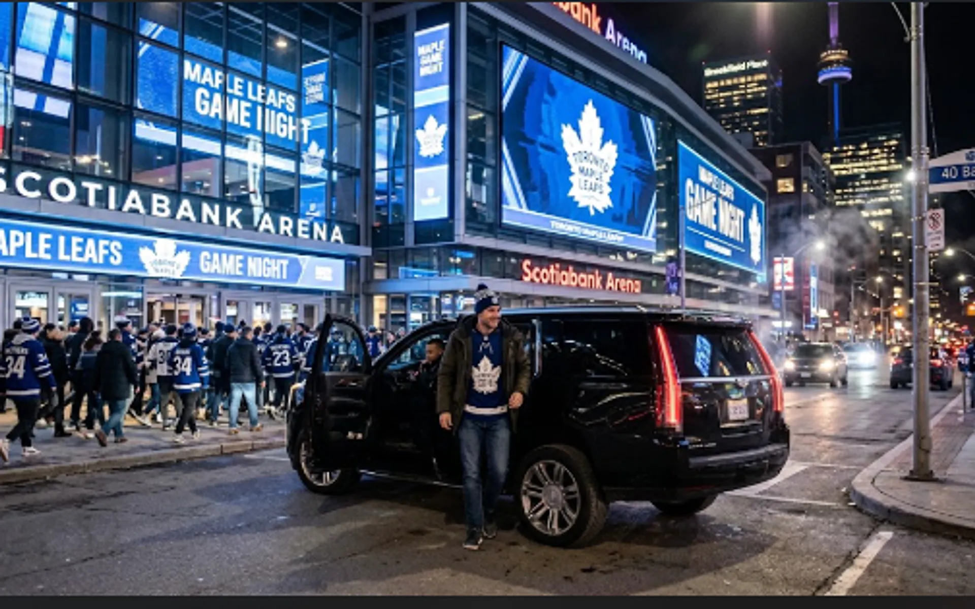 Black SUV limo dropping off a hockey fan outside Scotiabank Arena on game night in downtown Toronto