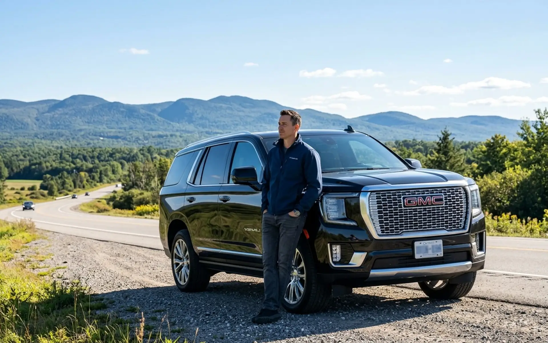 Black SUV limo on a scenic Ontario highway